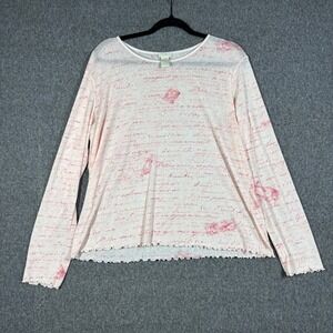 Y2K J. Jill Womens XL Pink French Script Postage Print Sheer Mesh Shirt Top